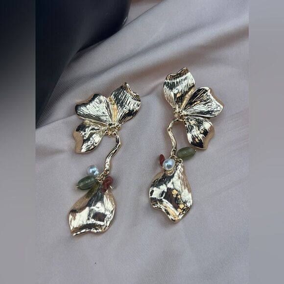 Gold Orchid Drop Earrings with Multicolor Beads - Picture 10 of 10